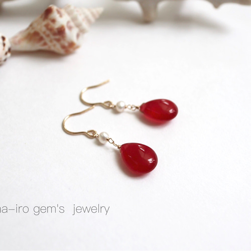 14kgf redJade × pearl pierce ピアス（フック・チェーン） Nana-iro