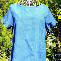 正藍染(天然発酵灰汁建て)　ヘンプ&オーガニックコットン布帛のシャツ　伸びない生地のTシャツ　レディース 4枚目の画像