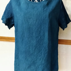 正藍染(天然発酵灰汁建て)　ヘンプ&オーガニックコットン布帛のシャツ　伸びない生地のTシャツ　レディース 3枚目の画像