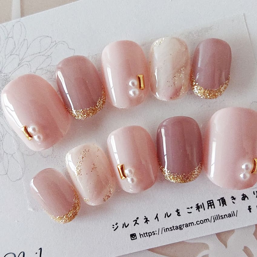 大人ピンク 上品マーブルネイル/ネイルチップ/結婚式/成人式/前撮り