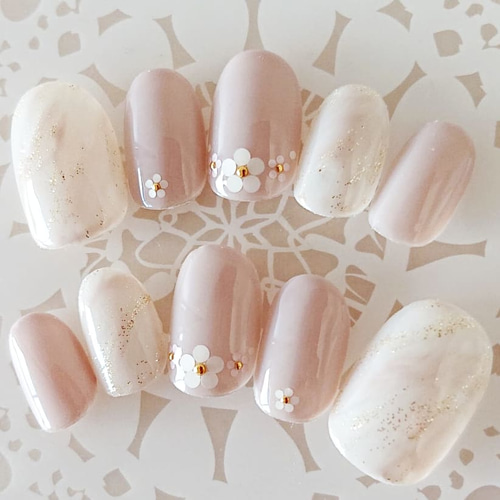 no.014淡色 ベージュ ブラウン フラワー 花 ネイルチップ 結婚式 成人式