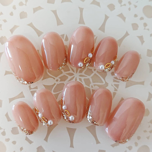 チュールブラウン 上品パールネイル/ネイルチップ/結婚式/成お呼ばれ  