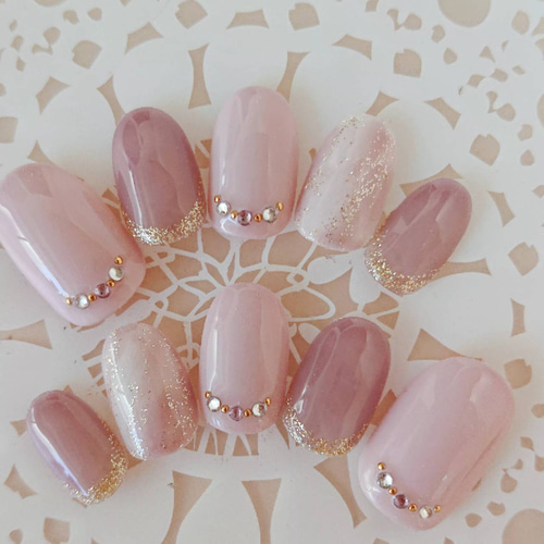 大人ピンク 上品マーブルネイル/結婚式ネイル/付け爪/ブライダル/J184  