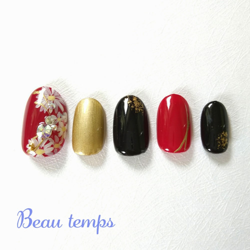 和柄ネイルチップ赤&黒 ネイルチップ（つけ爪） Beau temps 通販  