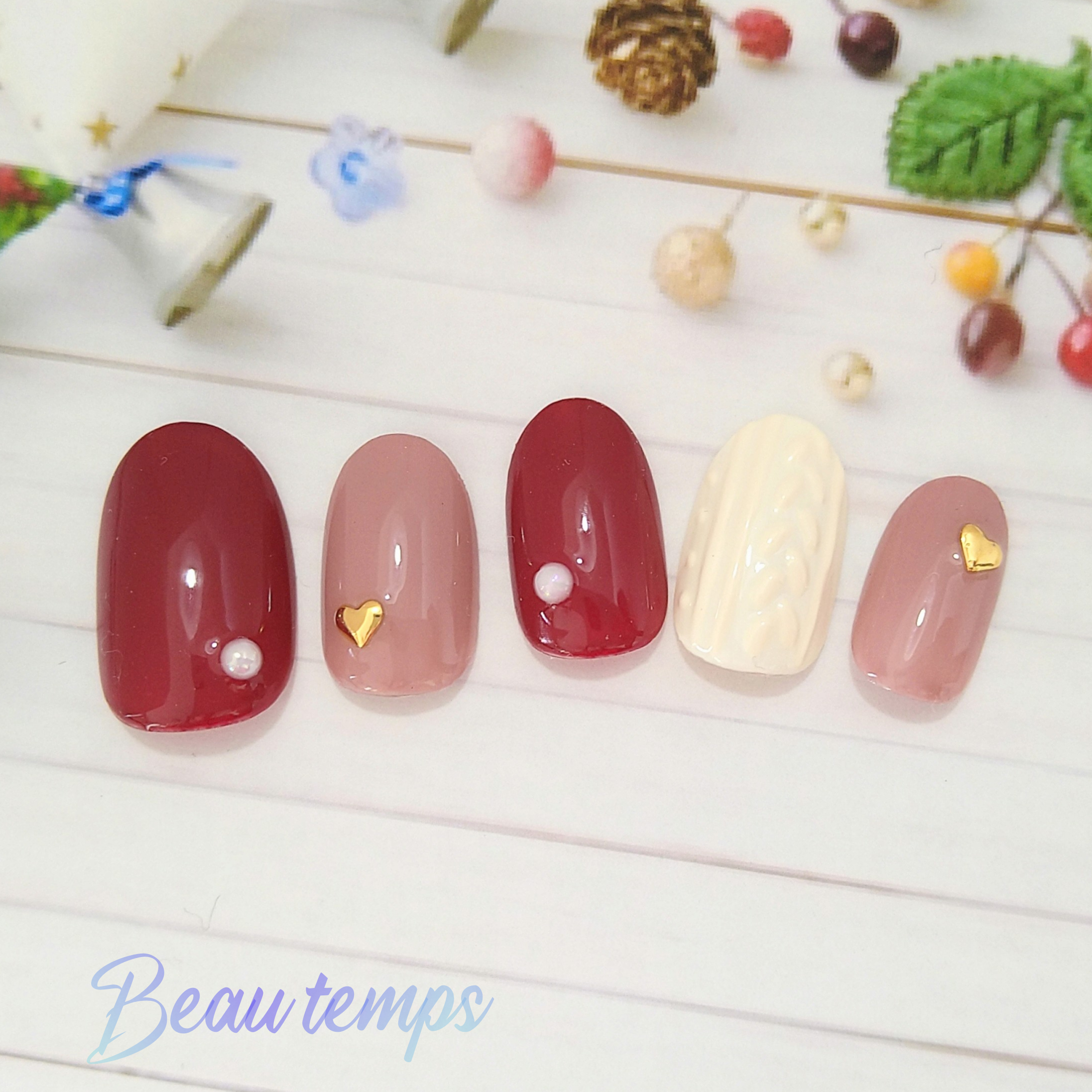 ニットネイルボルドー＆ピンクグレー♡ネイルチップ96 ネイル