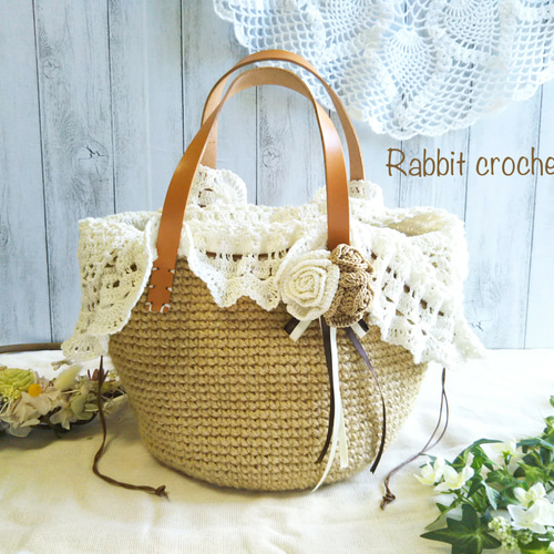 麻ひもバッグ レース編み巾着 コサージュつき かごバッグ Rabbit