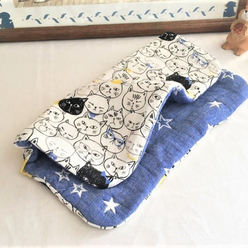 ループ付8重ガーゼハンカチタオル*ネコフェイス*群青スター*ほし  