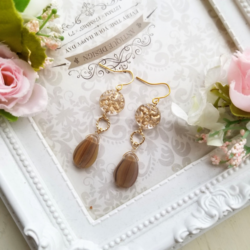 ✡『アンティーク調ピアス』べっ甲風ビーズ×デザインチェーン （K18  