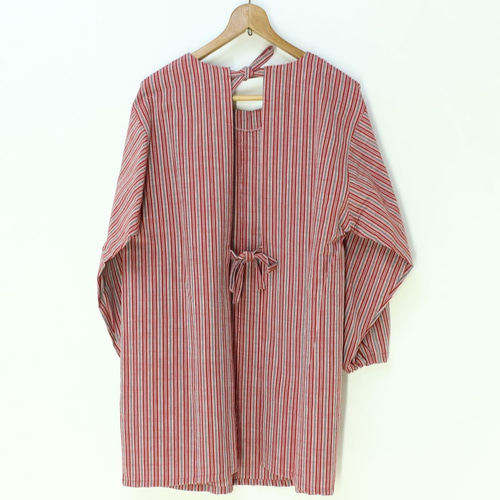 彦太謹製 縞織り 会津木綿 かっぽう着 ホームウェア 上着 赤