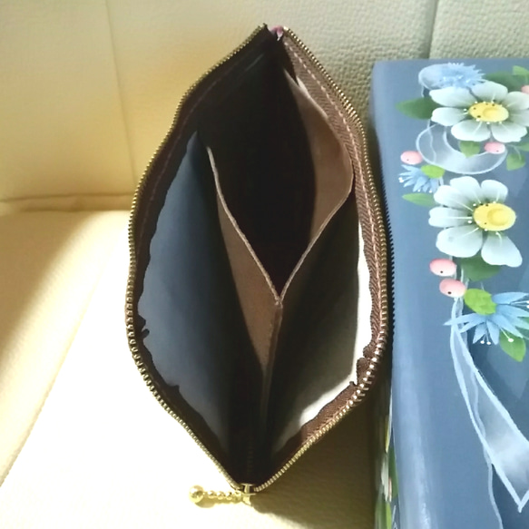 ミニマリストの革のお財布　超軽量薄型L字ファスナー長財布　ステンドグラス模様のエナメルレザー　 4枚目の画像