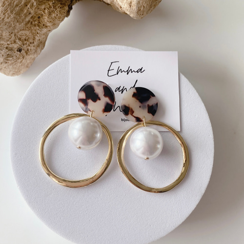 アレルギー対応 チタン べっ甲 パール 大ぶり ピアス/イヤリング 