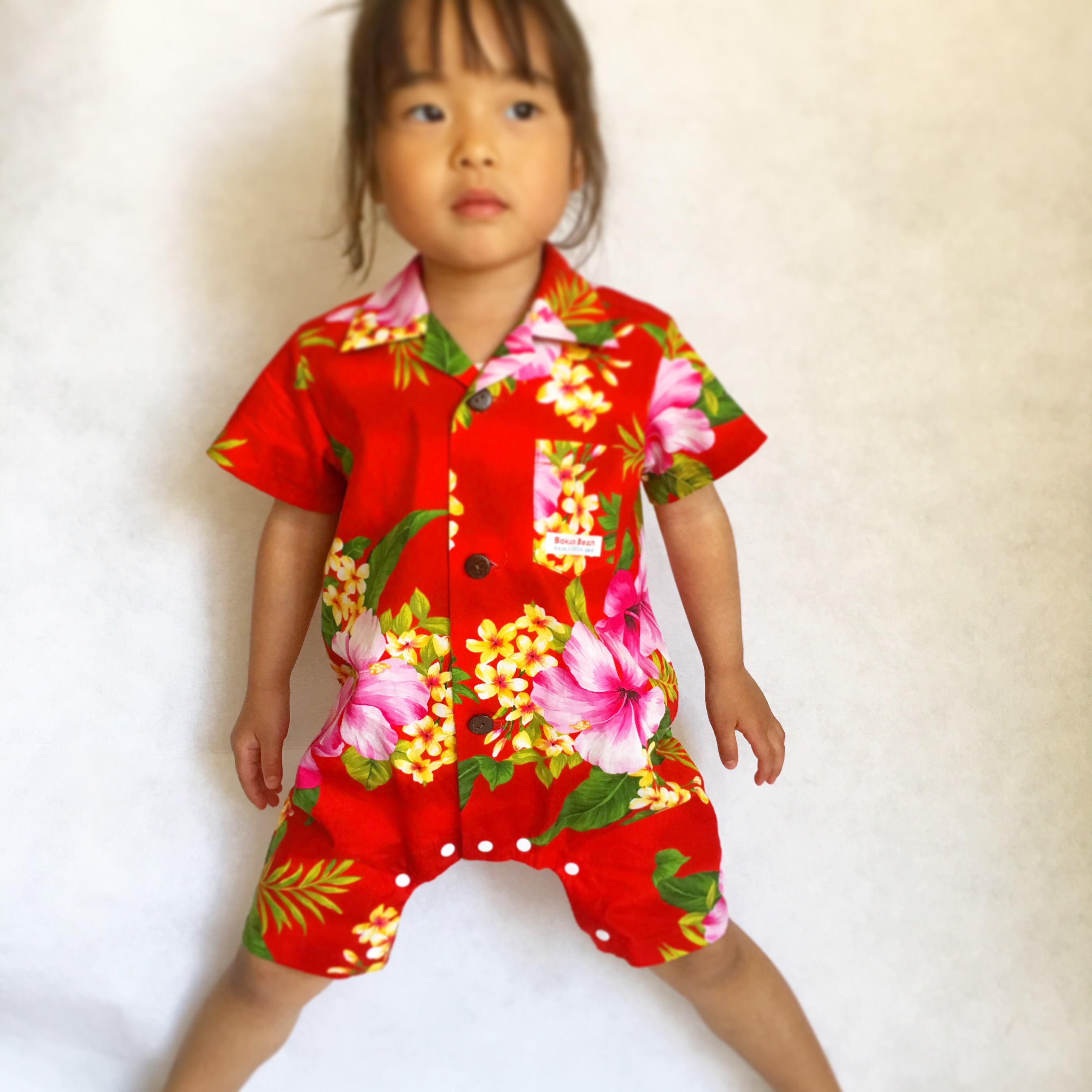 アロハロンパース［ハイビスカスresort］イエロー　アロハシャツ　ベビー　受注制作