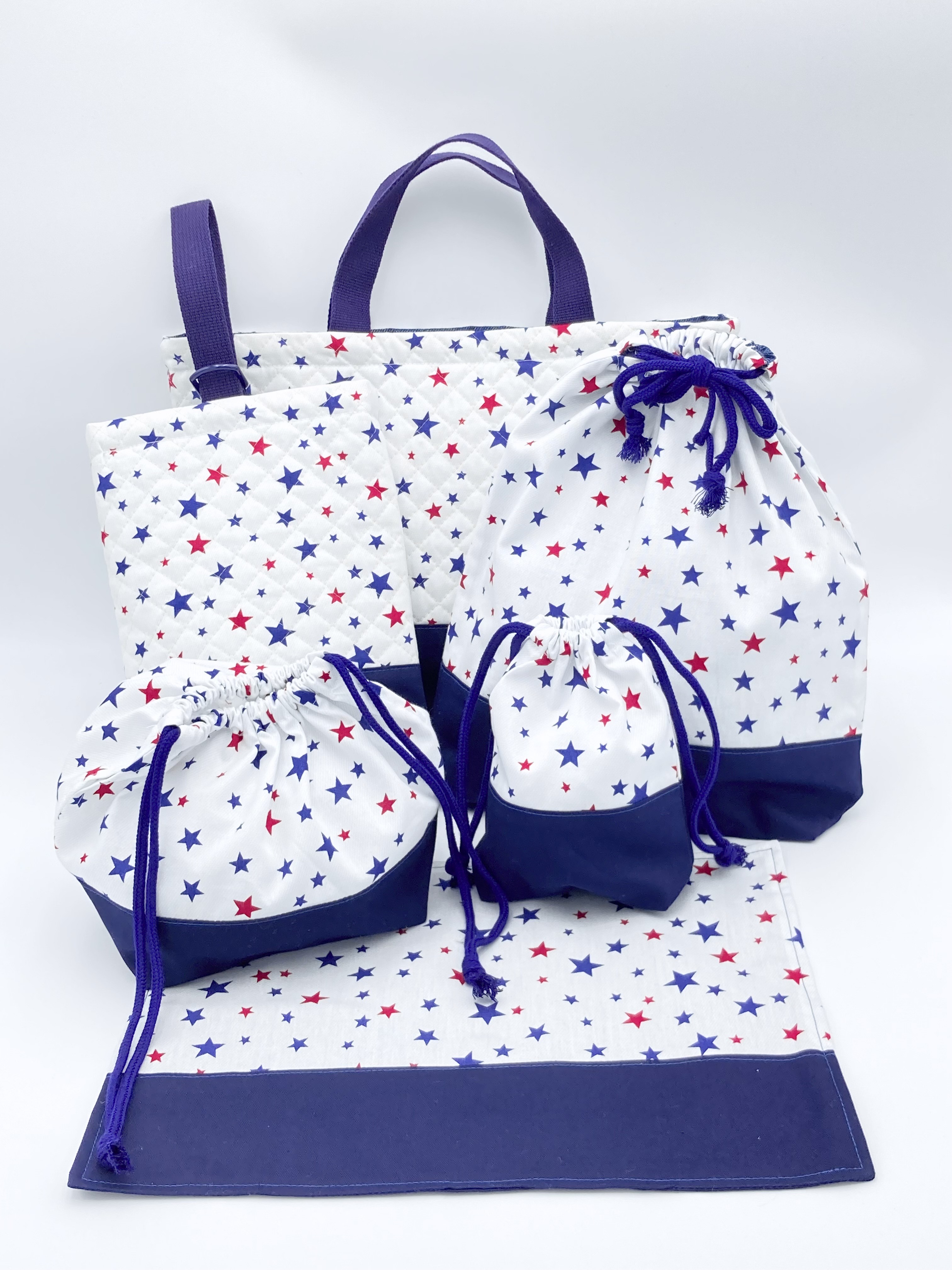 入園グッズ　6点セット　レッスンバッグ　シューズバック　体操服袋　コップ袋　お弁当袋　ランチマット　スター星柄　キルト