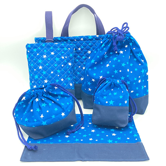 入園グッズ　6点セット　レッスンバッグ　シューズバック　体操服袋　コップ袋　お弁当袋　ランチマット　スター星柄　キルト