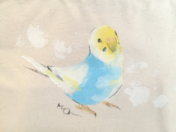 キャンバス・ランチバッグ　手描きセキセイインコ 2枚目の画像