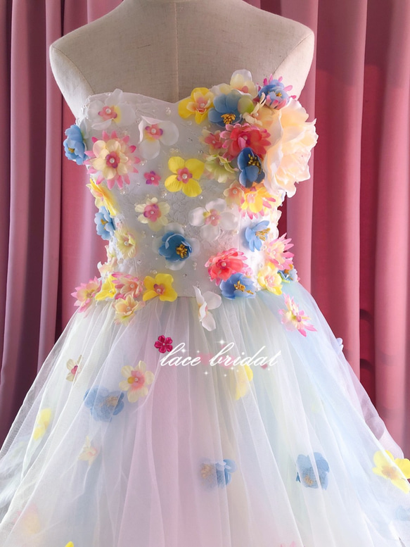手作りお花ドレス披露宴結婚式ビスチェチュールウェディングドレスオーダーメイド10 1枚目の画像