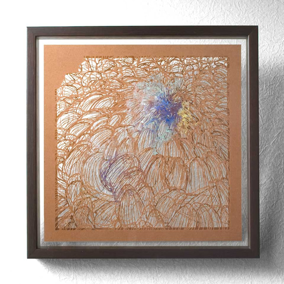 切り絵 菊 二枚重ね額縁 透明背景 日本画顔料 茶の渋紙 切り絵 切り絵