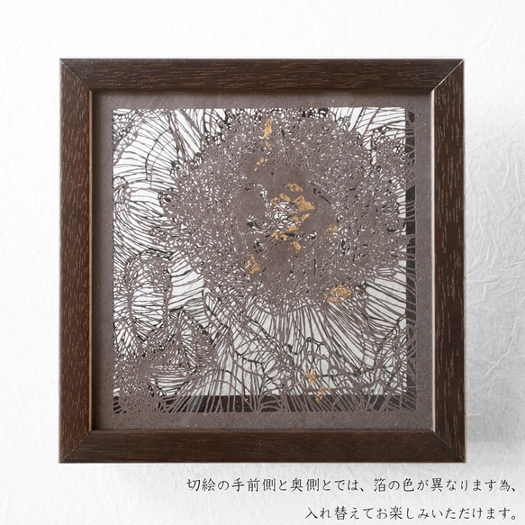 期間限定30%off! 切り絵 牡丹 二枚重ね額縁 透明背景 濃灰の色渋紙 2枚目の画像