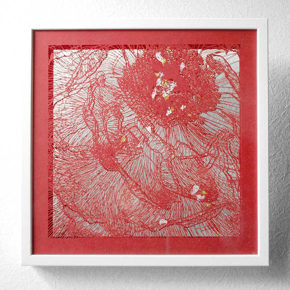 切り絵 牡丹 二枚重ね額縁 透明背景 赤の色渋紙 1枚目の画像