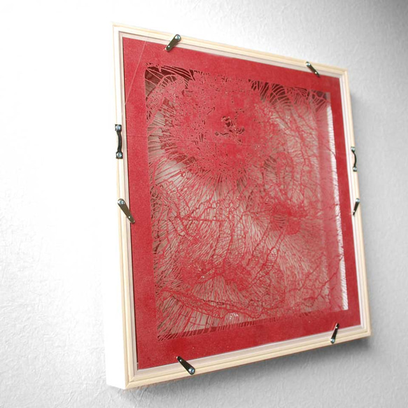 切り絵 牡丹 二枚重ね額縁 透明背景 赤の色渋紙 3枚目の画像