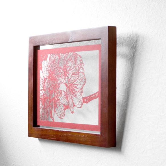 切り絵 桜 フローターフレーム 透明背景 赤の色渋紙 2枚目の画像