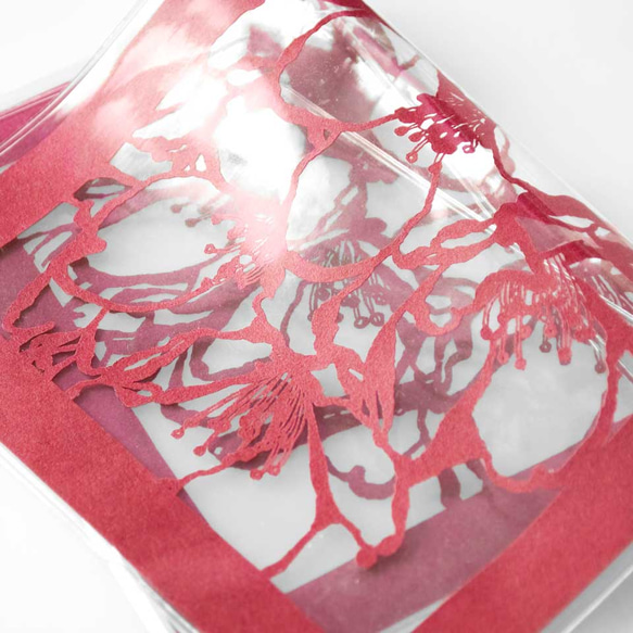 切り絵ブックカバー 桜 透明背景 赤の色渋紙 文庫本サイズ 4枚目の画像