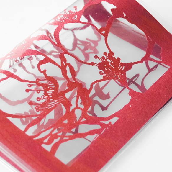 切り絵ブックカバー 文字入れ 名入れ 名前 桜 赤の色渋紙 透明 文庫本サイズ 4枚目の画像