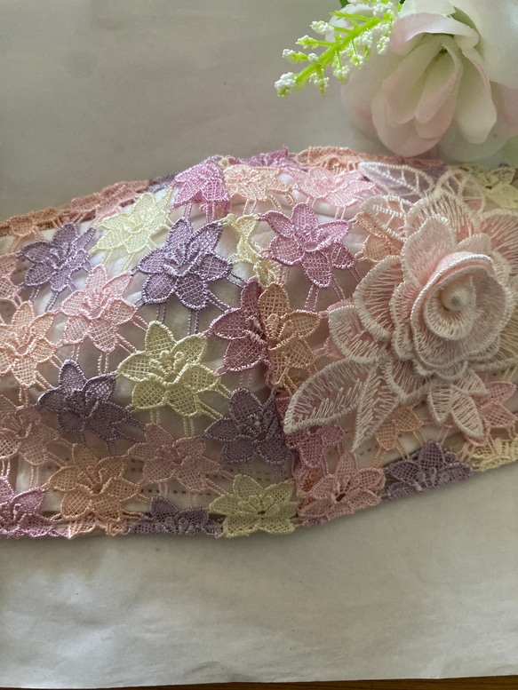 ハンドメイド不織布マスクが見えるカバーピンク花柄チュール刺繍  