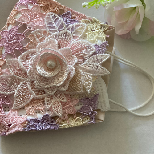 ハンドメイド不織布マスクが見えるカバーピンク花柄チュール刺繍  