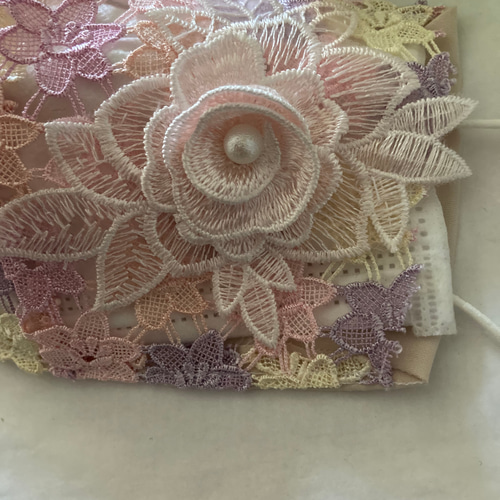 ハンドメイド不織布マスクが見えるカバーピンク花柄チュール刺繍  