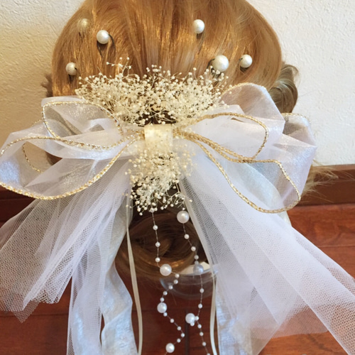 チュールリボン♡かすみ草髪飾り(ドライフラワー)set♡ウェディング