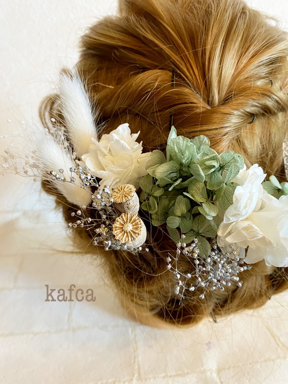 ★アンティーク風シリーズ5 スモーキーグリーンプリザーブドフラワー ドライフラワー結婚式 成人式 ウェディング  髪飾り 2枚目の画像