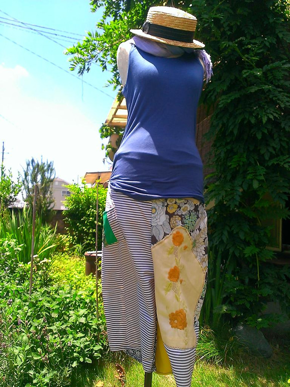 男女兼用　作務衣半ズボン　縞×花刺繍×黄６２６－０４ 1枚目の画像