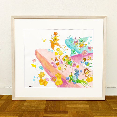 ウラルの世界」/水彩/ピンクの鯨/空/ イラスト Lucca Rocca 通販 