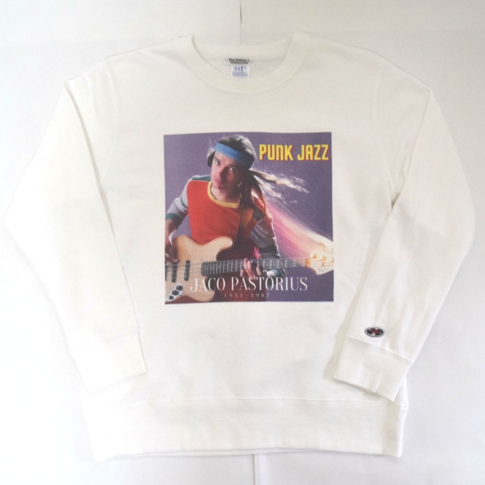 「JACO PASTORIUS」ホワイト ジャズスウェット（写真家・内山繁氏コラボ） Mサイズ　秋　WATERFALL