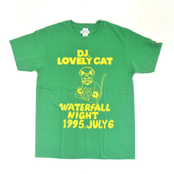 猫ツアーT「DJ猫」（レコードワッペン）　グリーン　Mサイズ　夏　WATERFALLオリジナル　生産数量限定品 1枚目の画像