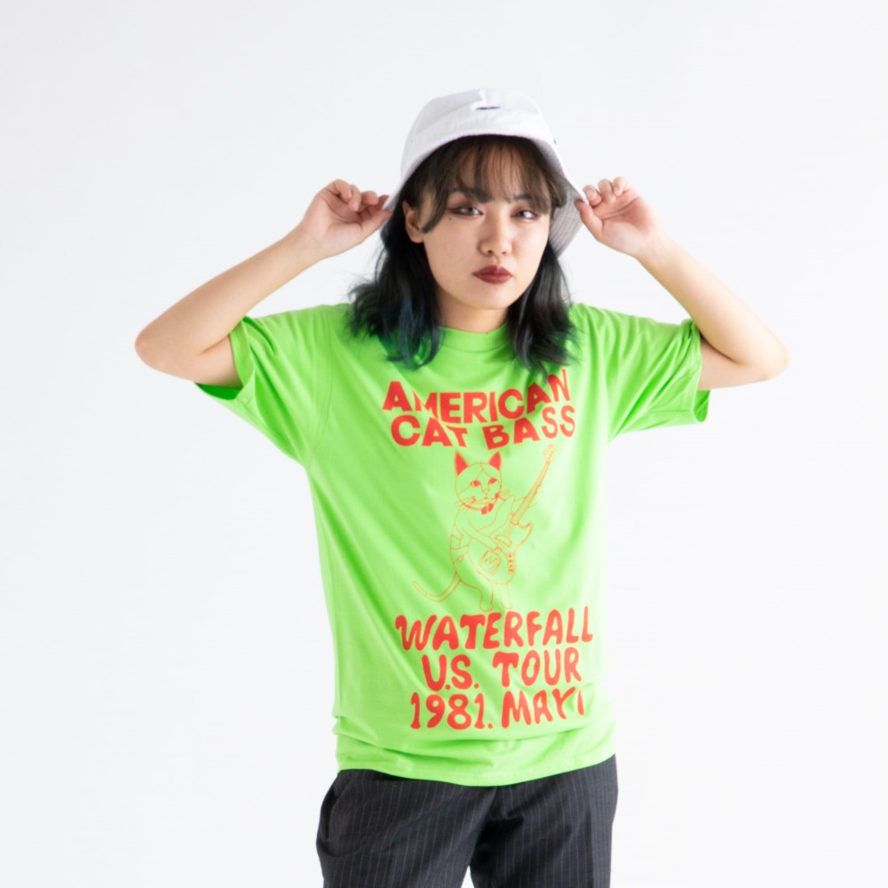 猫ツアーT「猫ベース」（レコードワッペン）　ライム　Sサイズ　夏　WATERFALLオリジナル　生産数量限定品