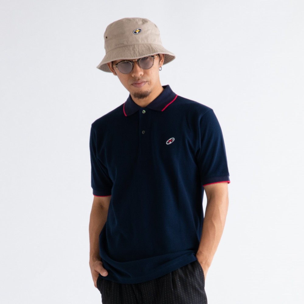 ポロシャツ（レコードワッペン）　ネイビー　Mサイズ　WATERFALLオリジナル　メンズ　綿カノコ素材