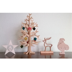 木製 25cmクリスマス ツリー、サンタ、トナカイ、星のセット (材質:MDF