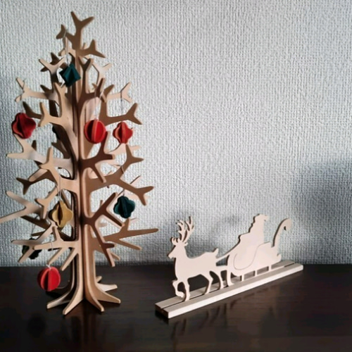 木製 クリスマス ツリー 25cm と サンタとトナカイのセット (材質:MDF 