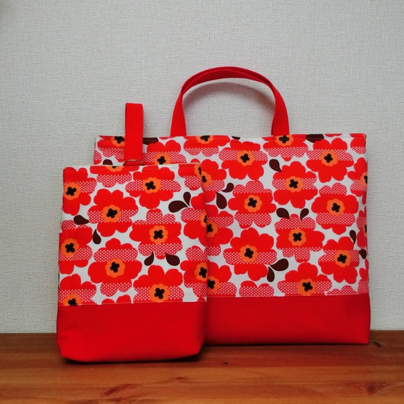 【大きいサイズ】レッスンバッグ シューズケース 　花柄　お花　北欧風　赤 1枚目の画像