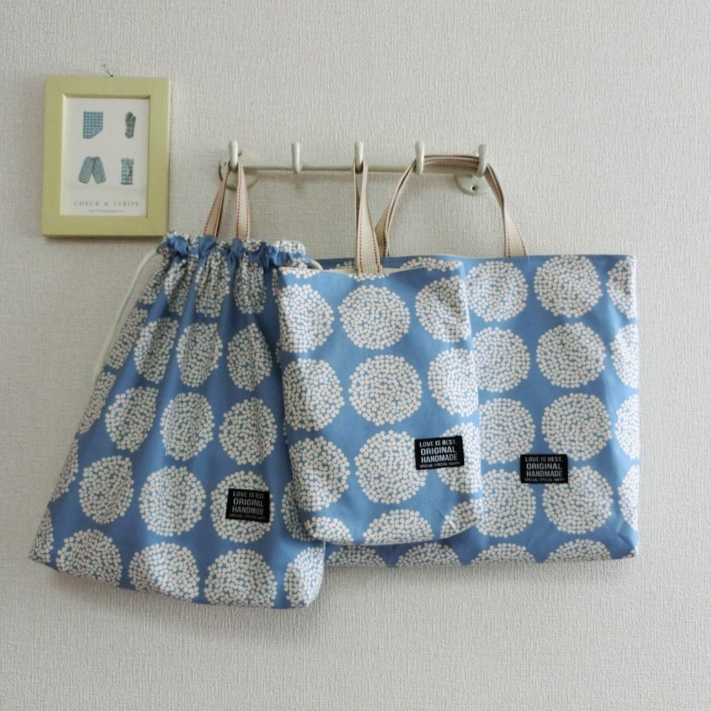 SALE【大きいサイズ】レッスンバッグ シューズケース 体操着袋　サークルフラワーブルーグレー