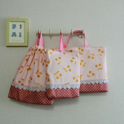 レッスンバッグ シューズケース 体操着袋 さくらんぼ 北欧 ピンク