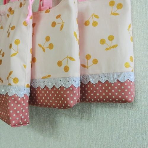 レッスンバッグ シューズケース 体操着袋 さくらんぼ 北欧 ピンク