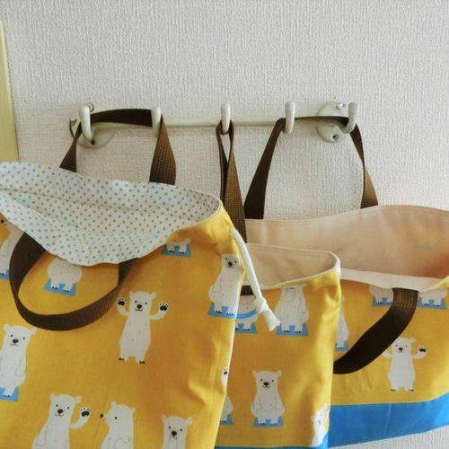 ハンドメイドレッスンバッグ・シューズバッグ・お着替え袋 3点・くまくんと飛行機 ハンドメイドレッスンバッグ・シューズバッグ・お着替え袋 3点・くま