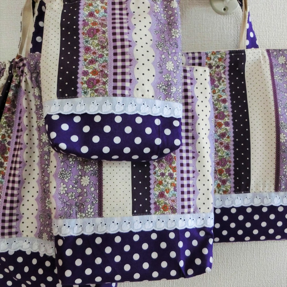 もも様専用　 シューズケース 体操着袋　給食袋　小花柄　ドットチェック　紫 4枚目の画像