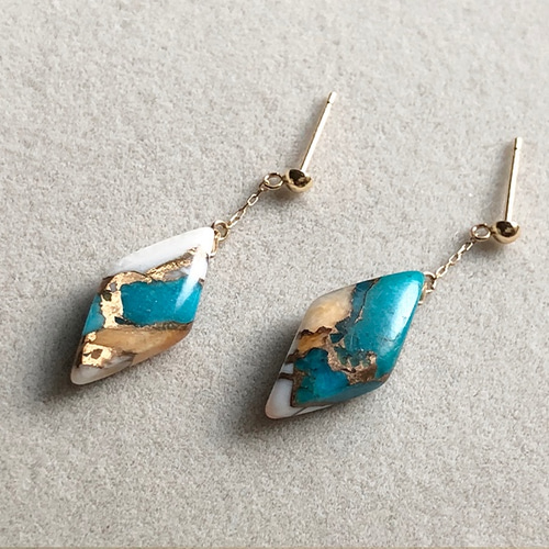 K10 オイスターカッパーターコイズ ダイヤカット 繊細チェーンのピアス