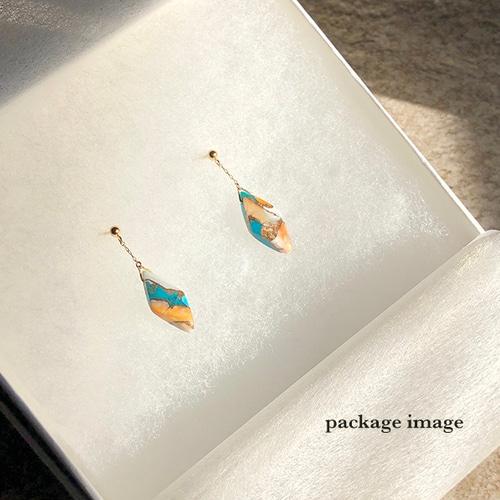 K10 オイスターカッパーターコイズ ダイヤカット 繊細チェーンのピアス