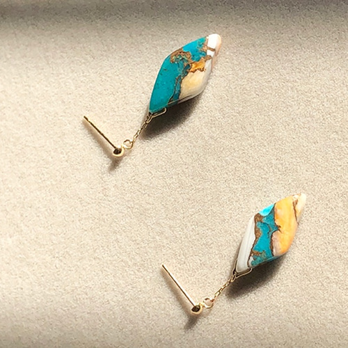 K10 オイスターカッパーターコイズ ダイヤカット 繊細チェーンのピアス