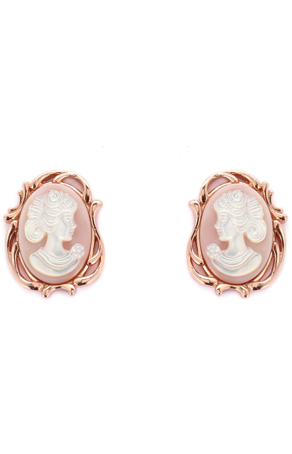 公主肖像天然雕刻白貝粉紅貝銅鍍玫瑰金耳釘耳環(可改耳夾) 第1張的照片